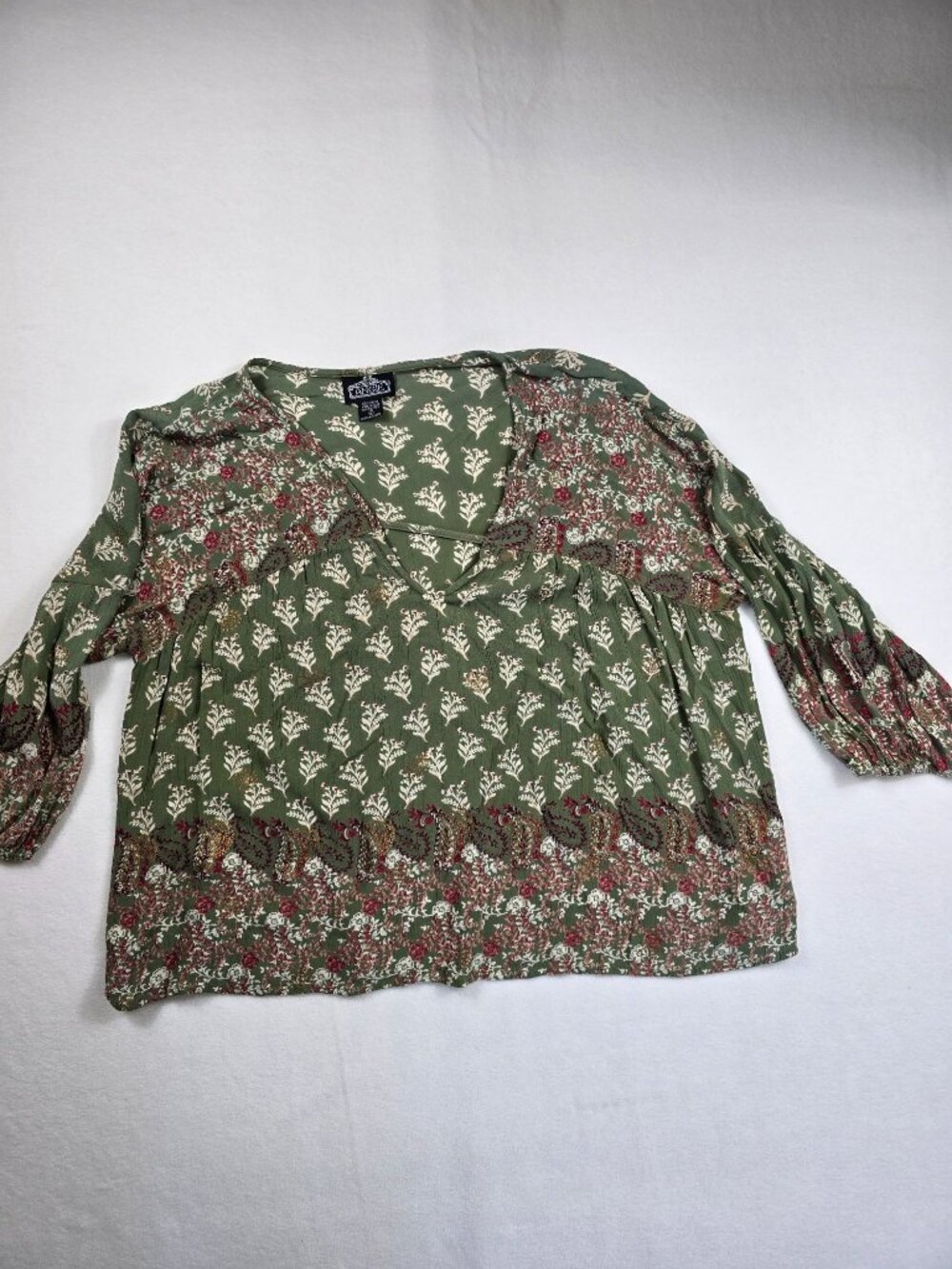Angie Large Bohemian Floral Print Green Blouse With V-Neck Long Sleeves